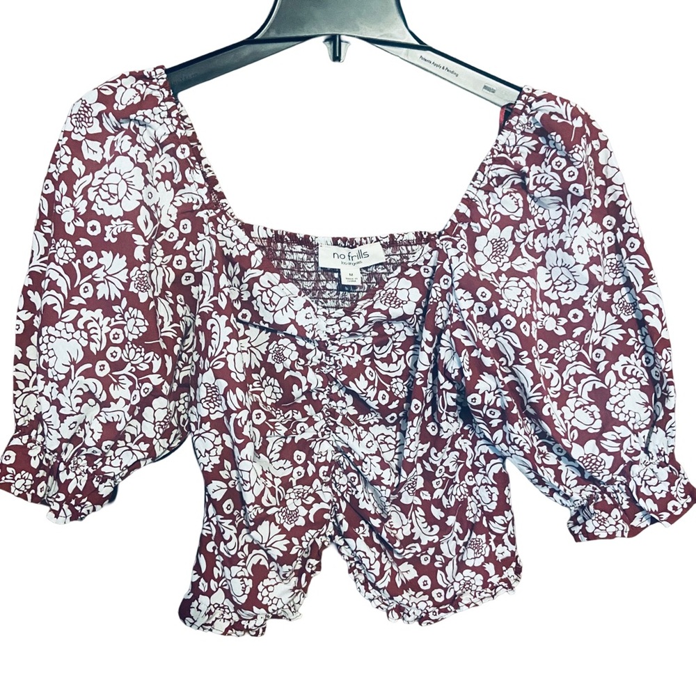 No Frills Floral Puff Sleeve Top - Burgundy and White